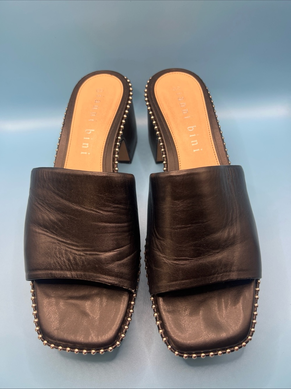 Gianni Bini Roemer Ball Chain Black Platform Slide Mule Chunky Heels Wms 9.5M